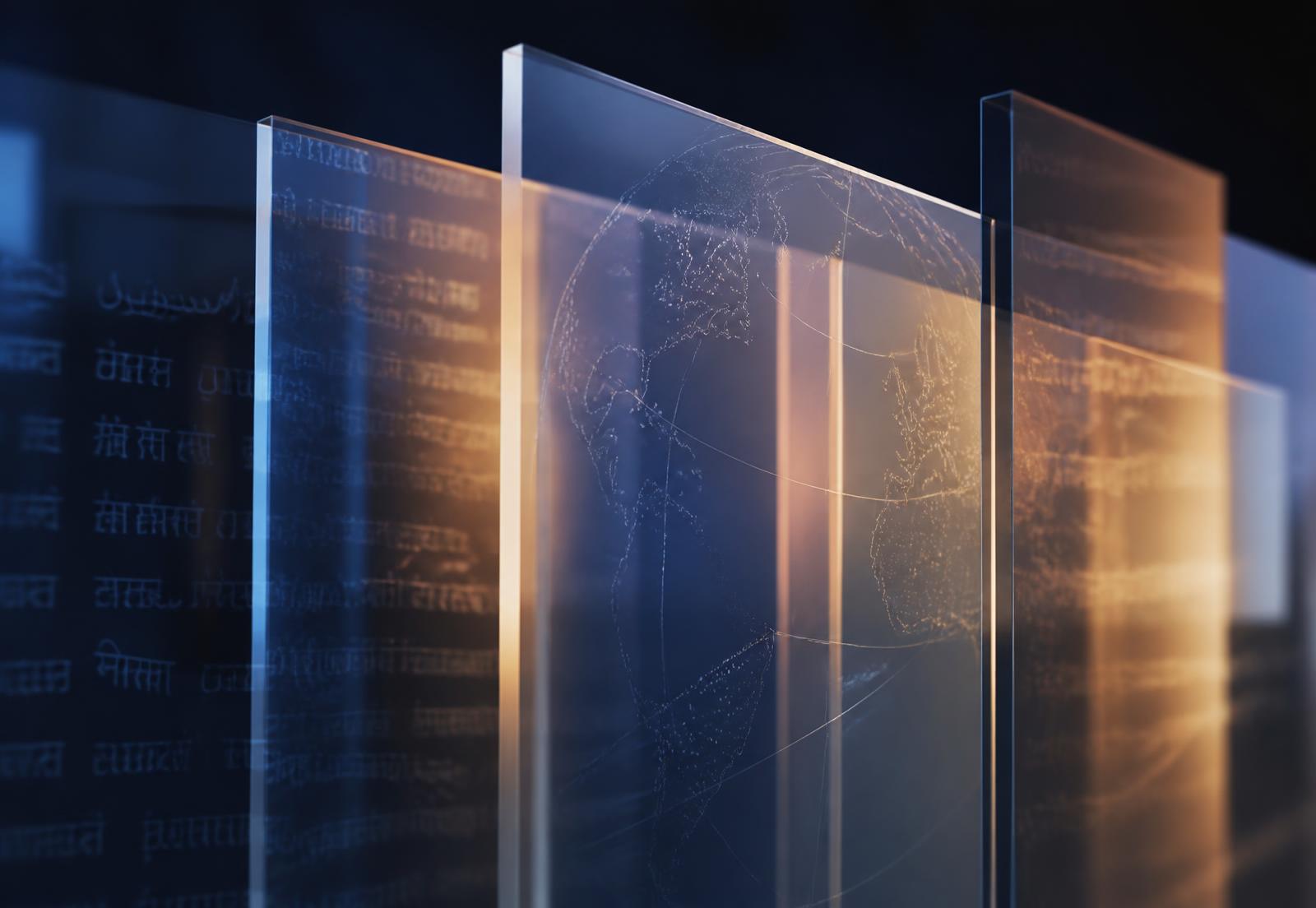 Layered translucent panels showing multilingual text and global map lines